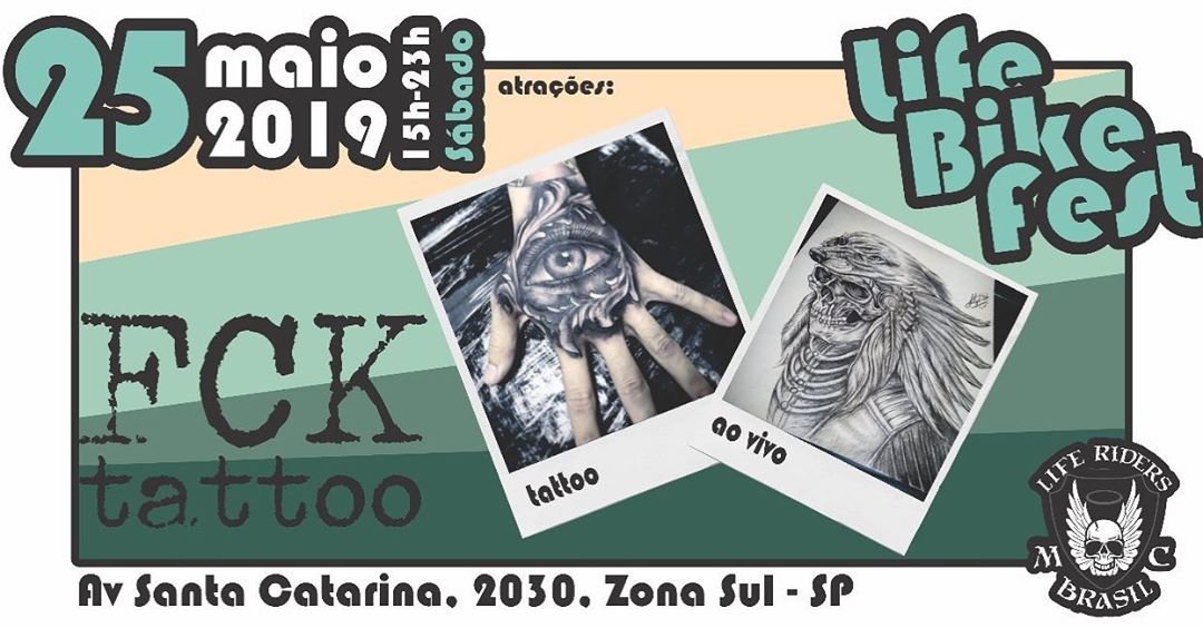 Pode rabiscar o couro no *Life Bike Fest*! Os artistas Ick e Felippe do *FUCK TATTOO* estarão com todo equipamento para eternizar arte na sua pele! Traga toda família! Sábado, 25/05/19, 15h-23h, Av Santa Catarina, 2030, Zona Sul, SP. *Life Riders MC*