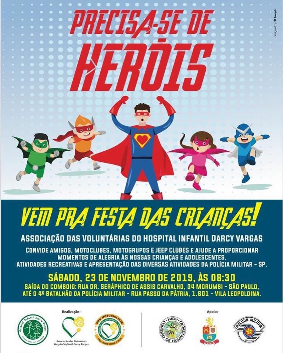 Galera, neste sábado, dia 23 de novembro será a festa das crianças do Hospital Darcy Vargas! Contamos com todos vocês! Vamos fazer uma linda festa para elas!

Vamos montar um bonde do Morumbi até a Vila Leopoldina onde o 4* batalhão nos acolherá com diversas atrações para as crianças! Venha conosco! Procure qualquer integrante do clube para combinar os detalhes!